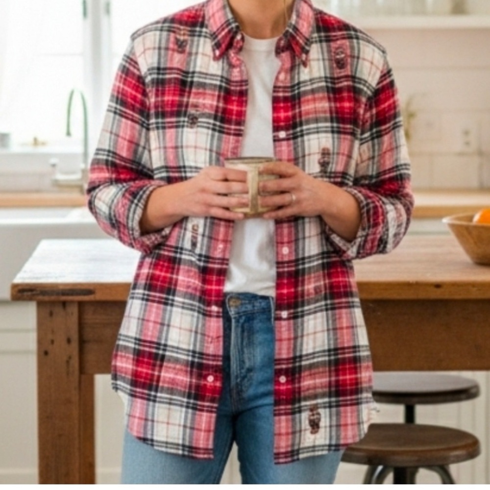 Plaid Button-Up Shirt - Red and White